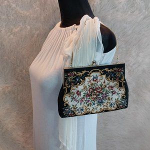 Vintage Tapestry Black Floral Clutch Handbag Made in Hong Kong